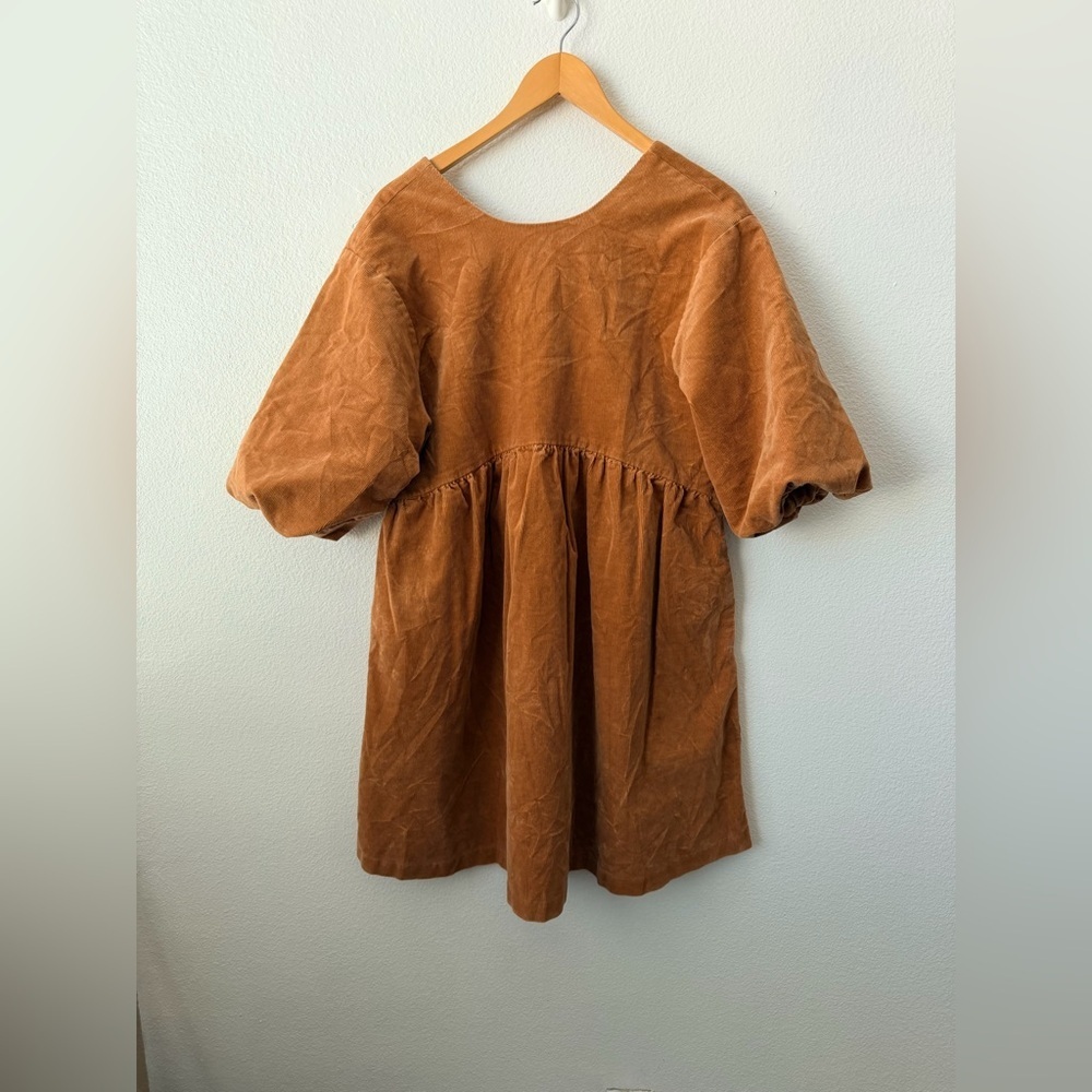 Everlane Corduroy Babydoll Mini Dress Rust Brown Puff Sleeve Size M